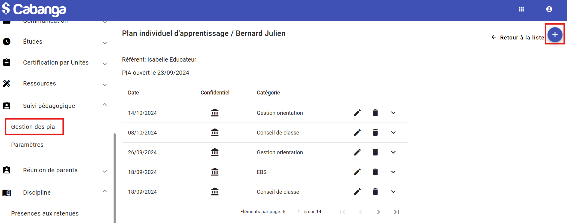 L’interface affiche la navigation Plan individuel d’apprentissage / Bernard Julien, suivie des informations :  Référent : Isabelle Educateur  PIA ouvert le : 23/09/2024  Le tableau présente les actions du PIA avec les colonnes :  Date (14/10/2024, 08/10/2024, 26/09/2024, 18/09/2024, 18/09/2024)  Confidentiel (icône “maison” stylisée)  Catégorie (Gestion orientation, Conseil de classe, Gestion orientation, EBS, Conseil de classe)  Actions (icônes ✏️ pour éditer, 🗑️ pour supprimer, et ▼ pour dérouler)  Pagination indiquant “Éléments par page : 5” et “1 – 5 sur 14”.  Encadré rouge : autour du bouton flottant + en haut à droite, permettant d’ajouter une nouvelle entrée au PIA.